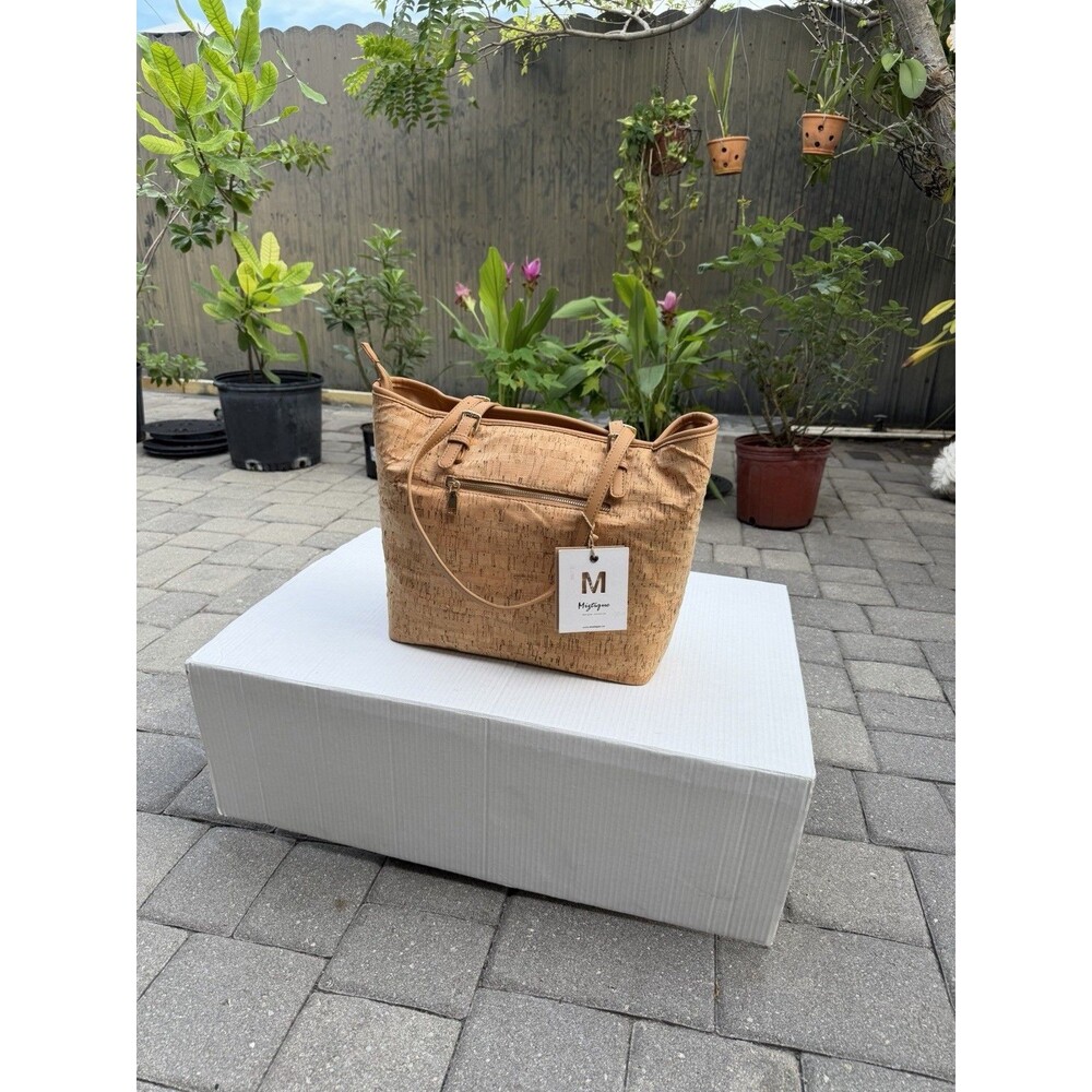 Mistique Cork Tote Bag Tan Blue Leaf Print Shoulder Handbag Zip Pockets